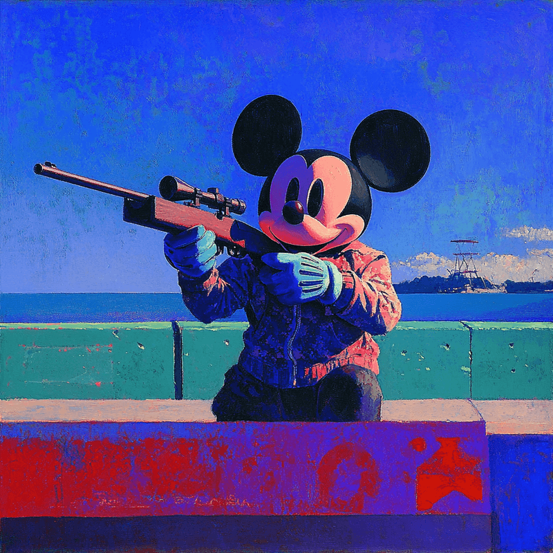 Rocky Opossum by the bay holding a rifle