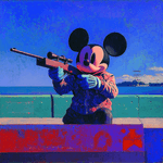 Rocky Opossum by the bay holding a rifle